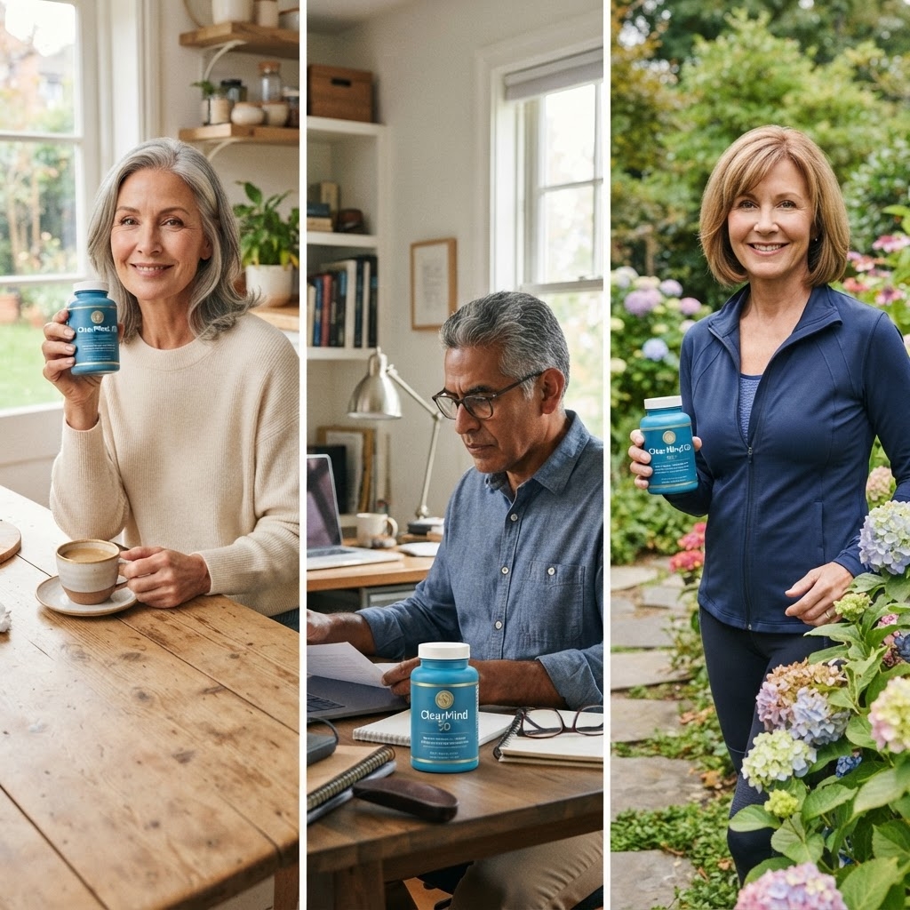 Three adults over 50 holding ClearMind 50 at home, at a desk, and in a garden
