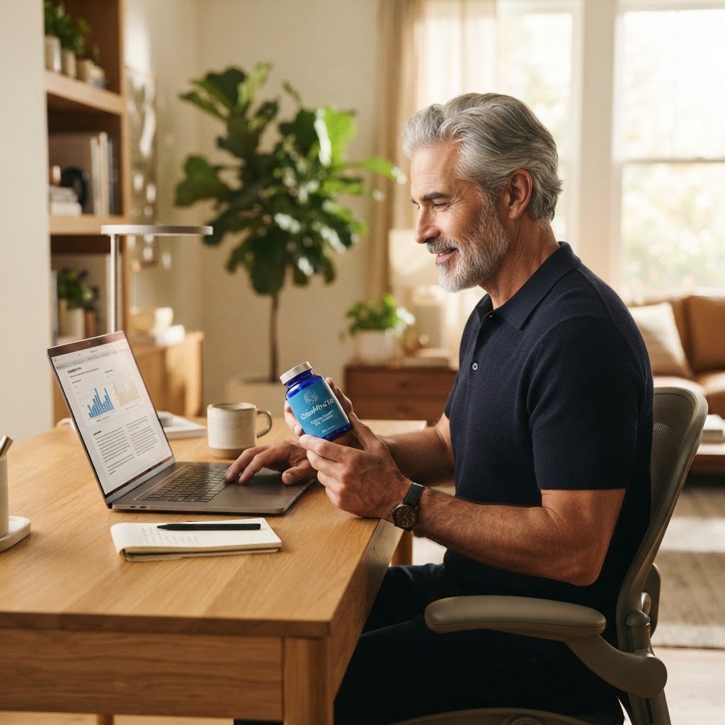 A man over 50 in a home office holding a bottle of ClearMind 50