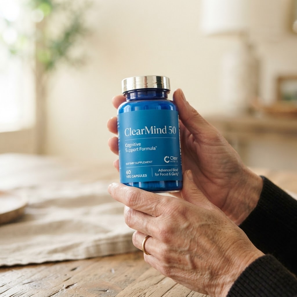 A person holding a bottle of ClearMind 50