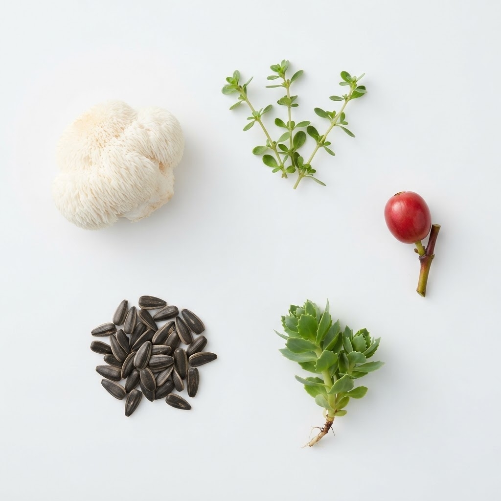 Flat lay of Lion's Mane mushroom, Bacopa leaves, and seeds on a white background