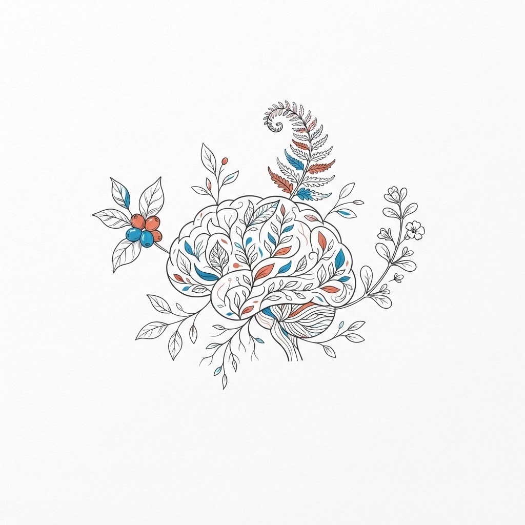 Botanical line illustration of a brain with leaves and berries growing from it