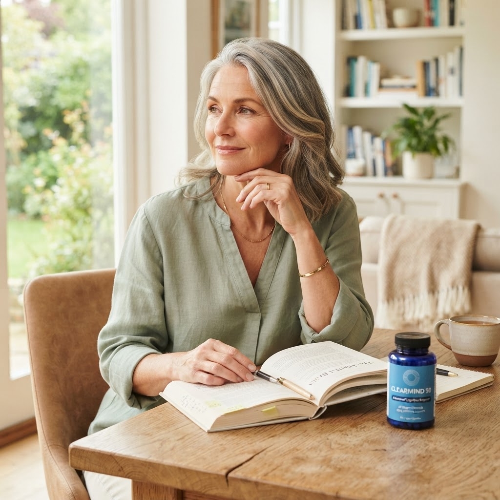 A woman over 50 reading at a wooden table with a bottle of ClearMind 50